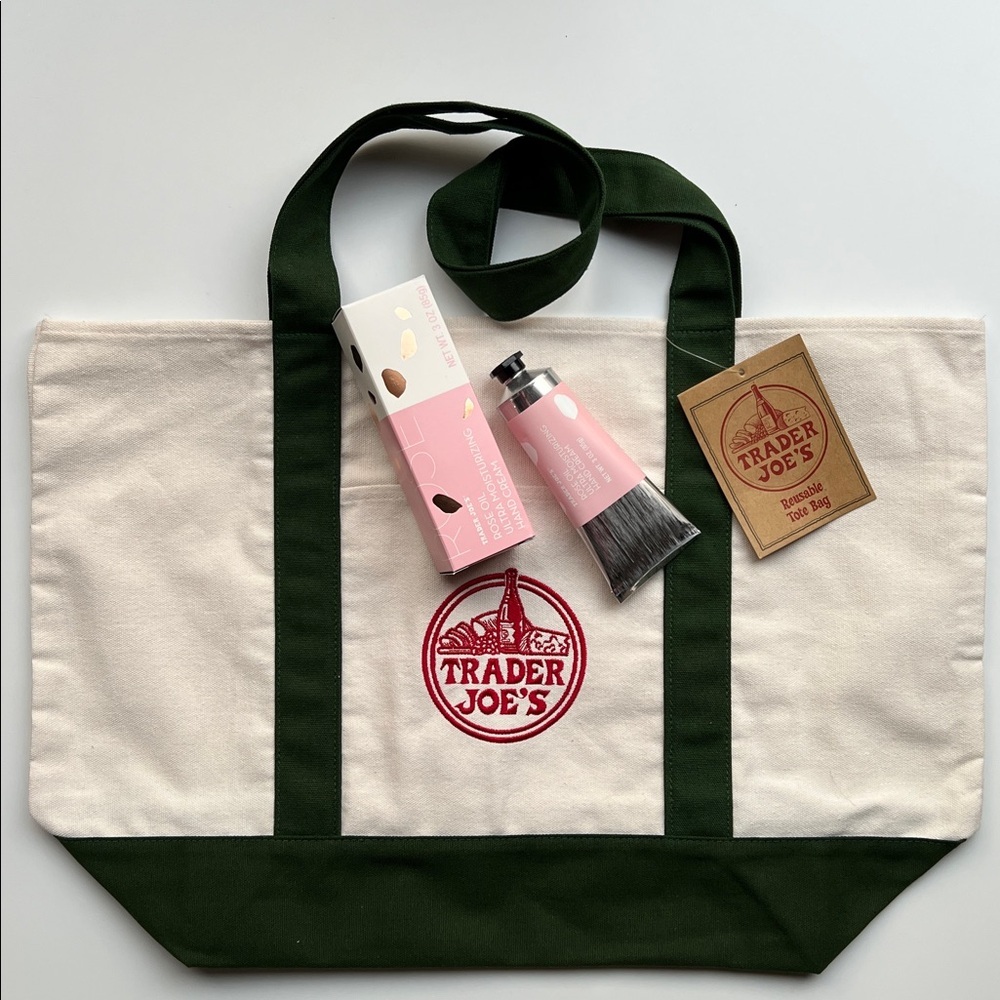 Trader Joe's Large Canvas Tote Bag with Green Straps & Rose Oil Hand Cream